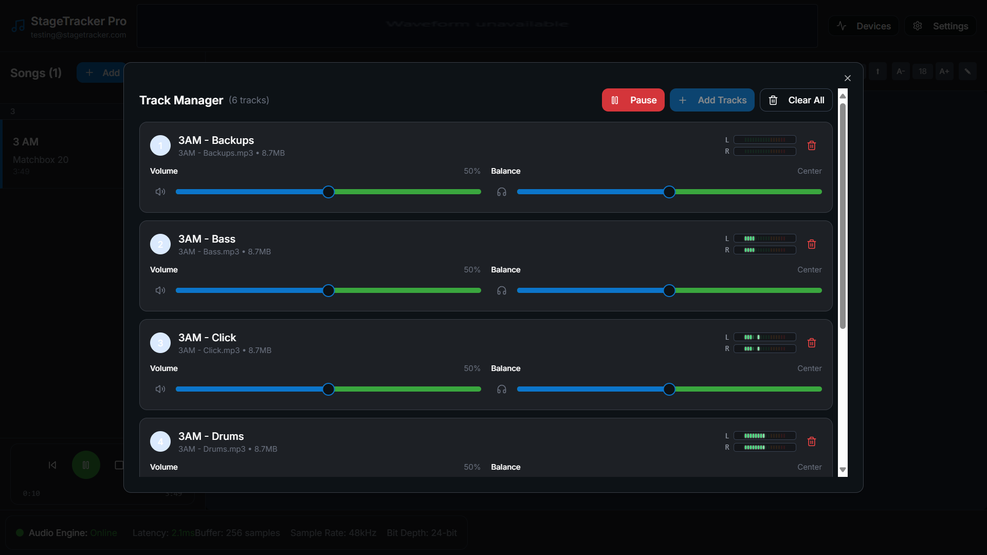 Live performance stage app with set list and MIDI control